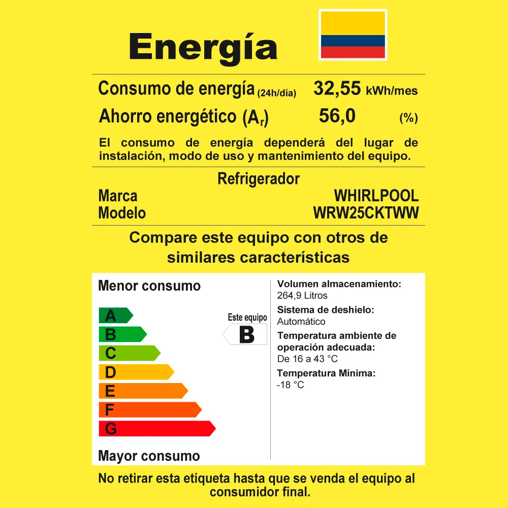 Nevera WHIRLPOOL No Frost Congelador Superior 264,9 Litros WRW25CKTWW Xpert Flow