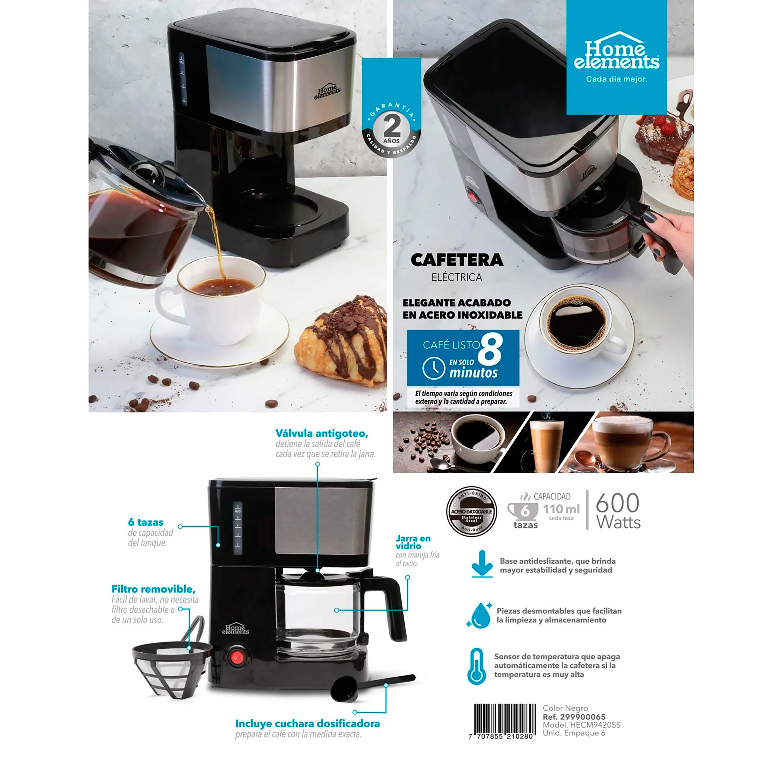 Cafetera 6 Tazas - Negro 299900065 Home Elements