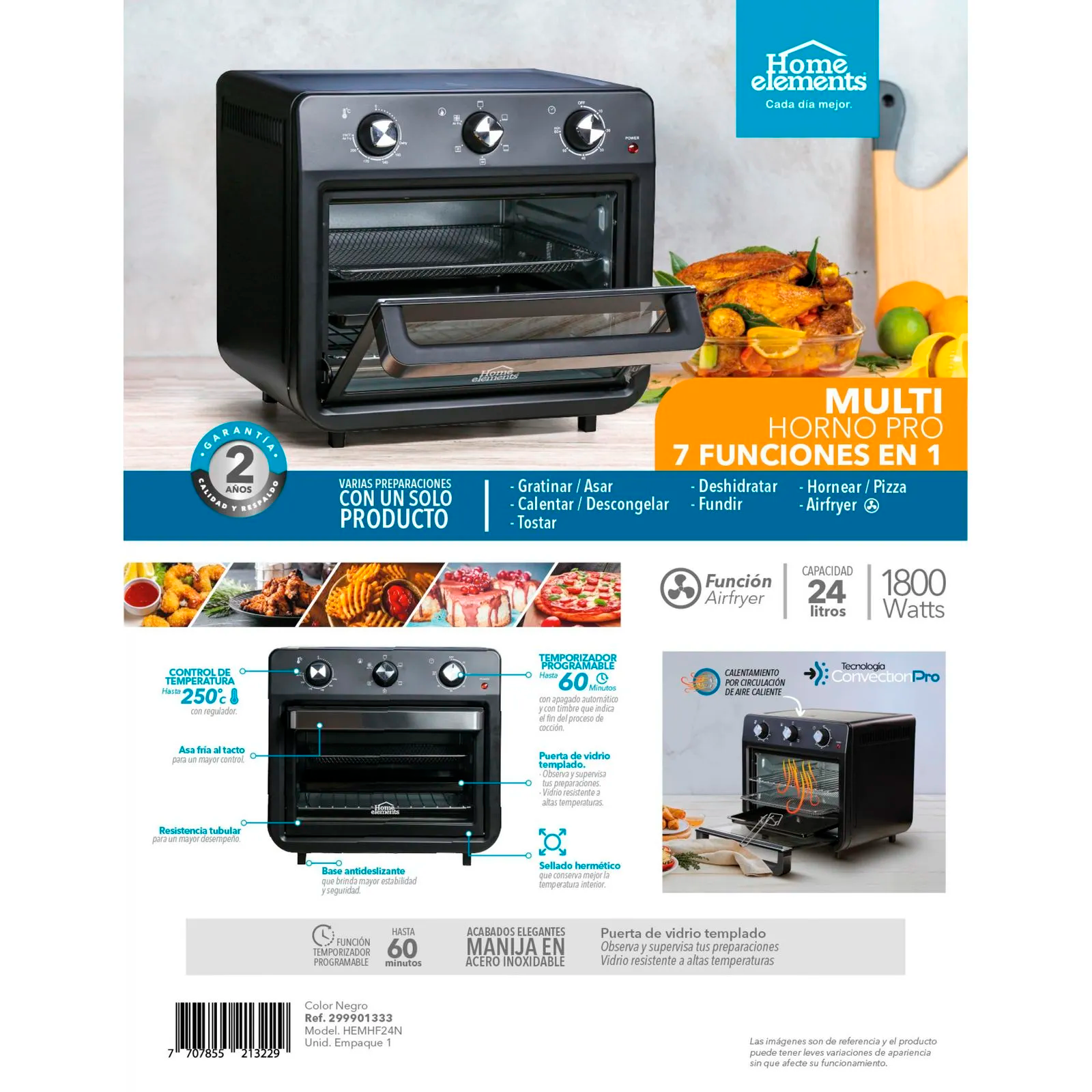 HORNO MULTI 7EN1 24L NEGRO HEMHF24N
