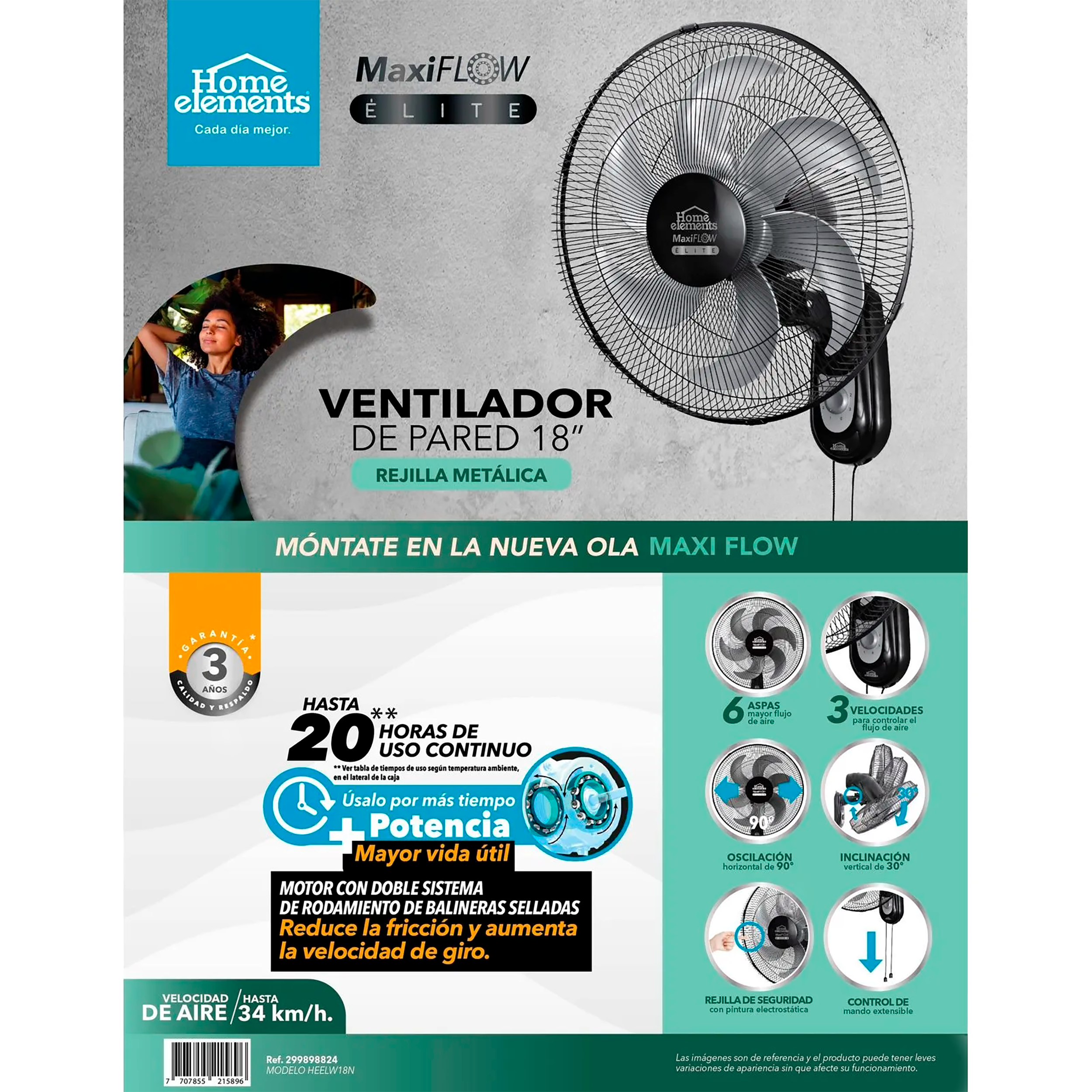 Ventilador Pared Negro Alta Potencia, Gran Velocidad, Rejilla Metálica, Negro, MaxiFlow Elite 299898824 Home Elements