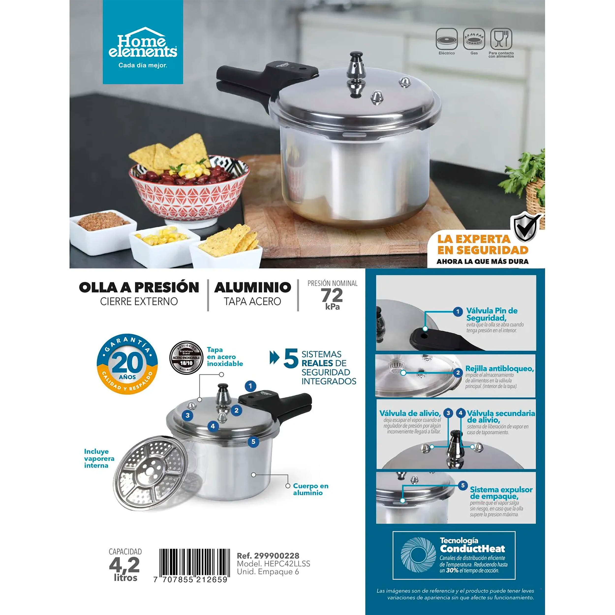 Olla a Presion Aluminio 4,2 lt con Tapa en Acero 299900228 Home Elements