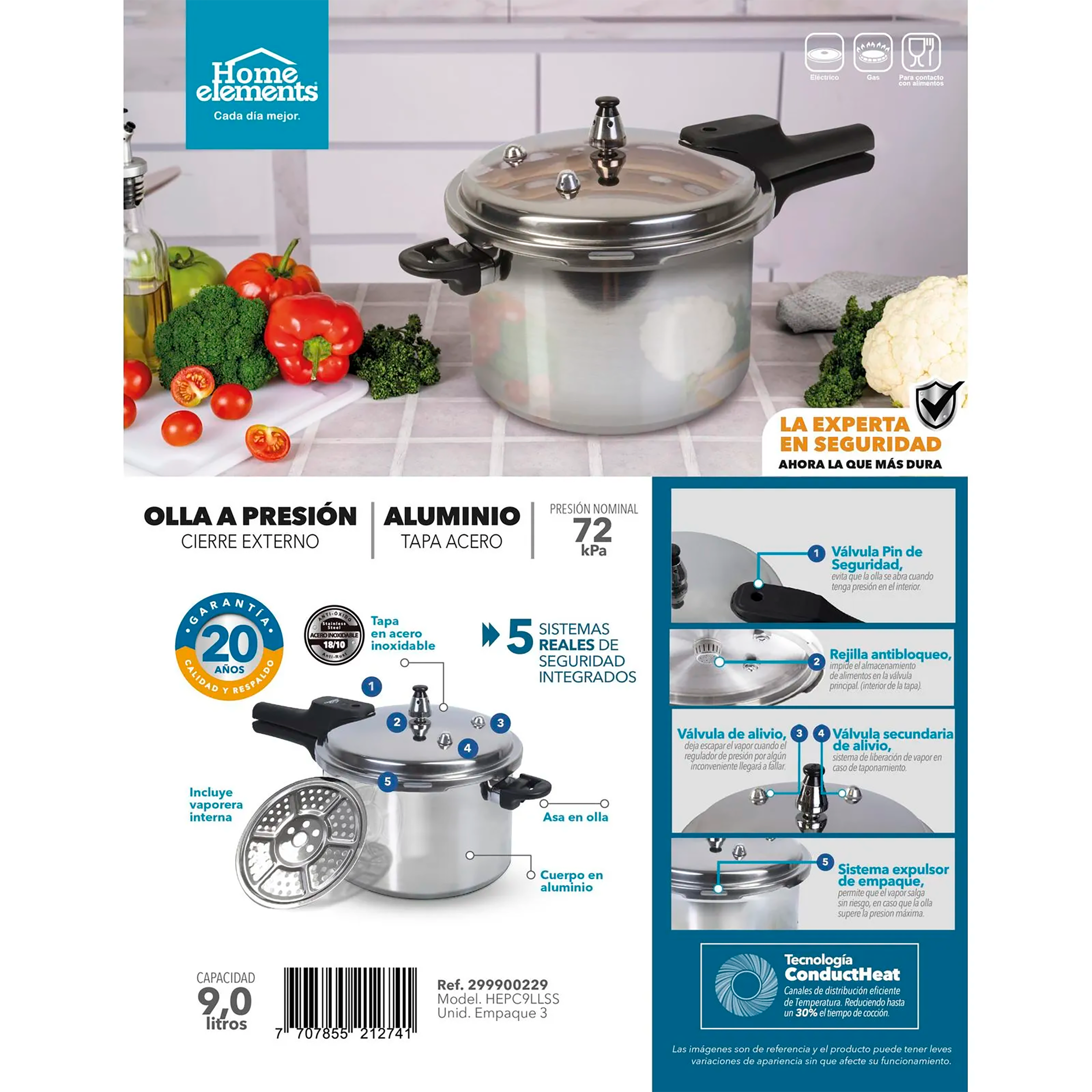 OLLA PRESION AL 9LT T/ACERO HOME ELEMENT