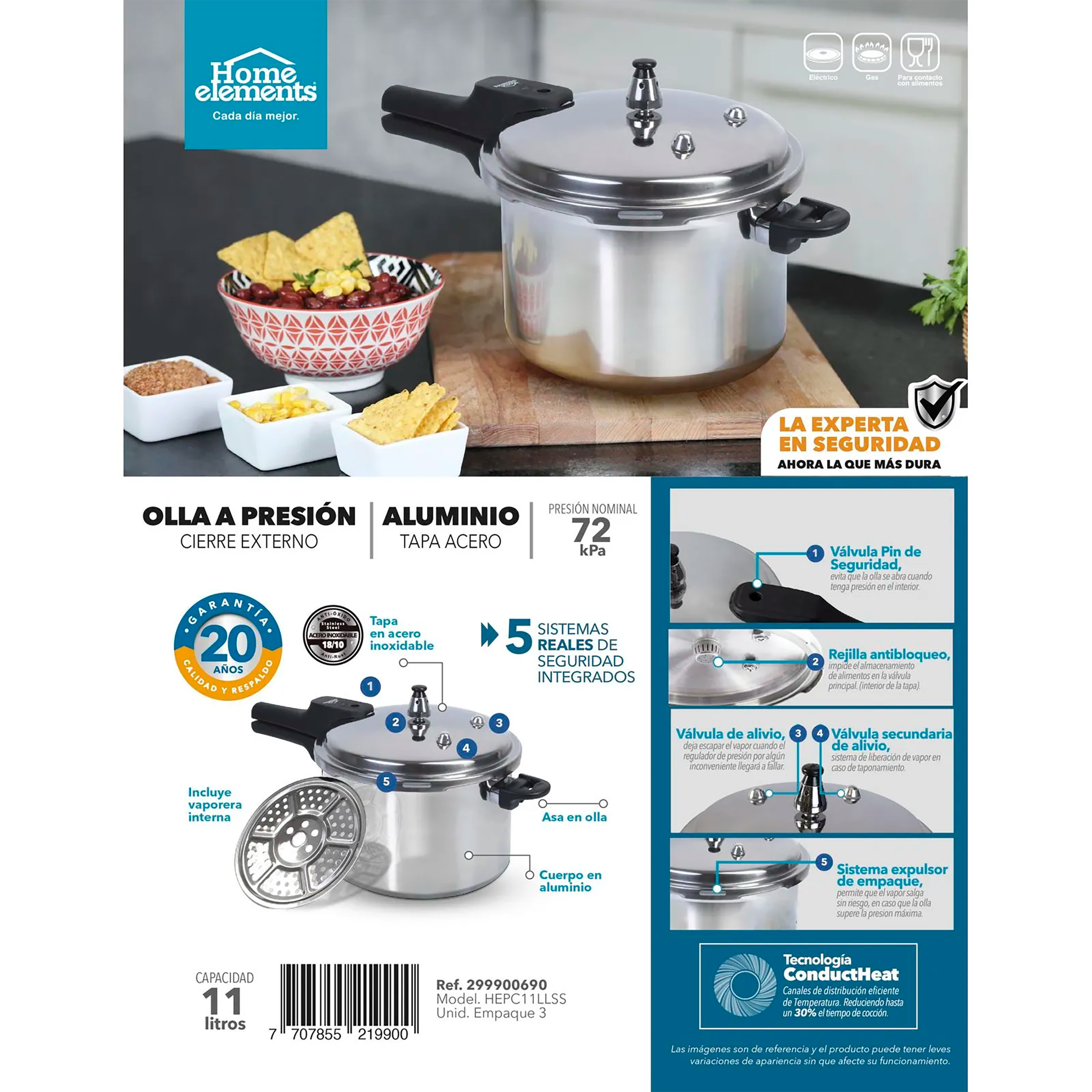 Olla a Presion Aluminio 11 lt con Tapa en Acero 299900690 Home Elements