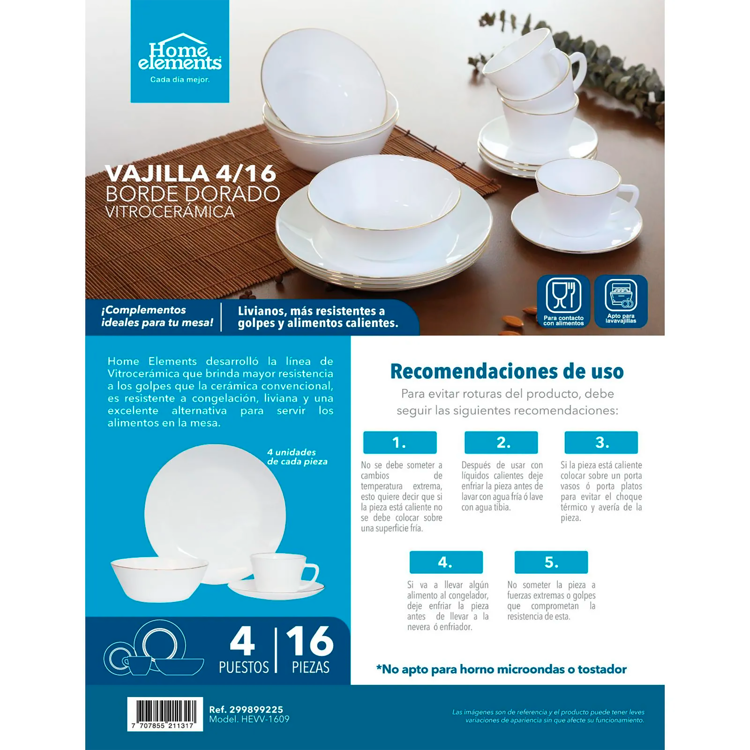 Vajilla Vitrocerámica 4/16 Decorada Borde Dorado 299899225 Home Elements