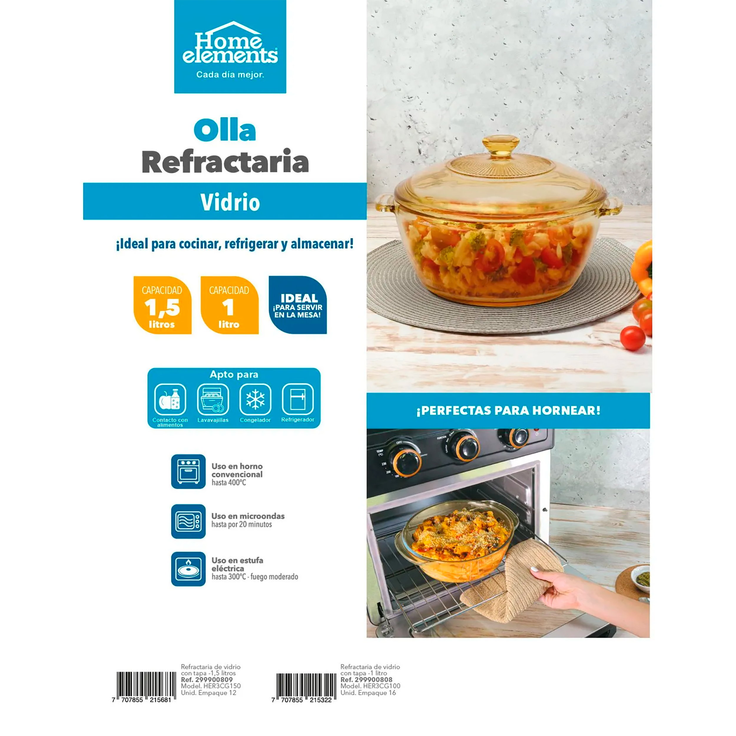 Olla Refractaria De Vidrio 1,5 Litros Con Tapa Ambar 299900809 Home Elements