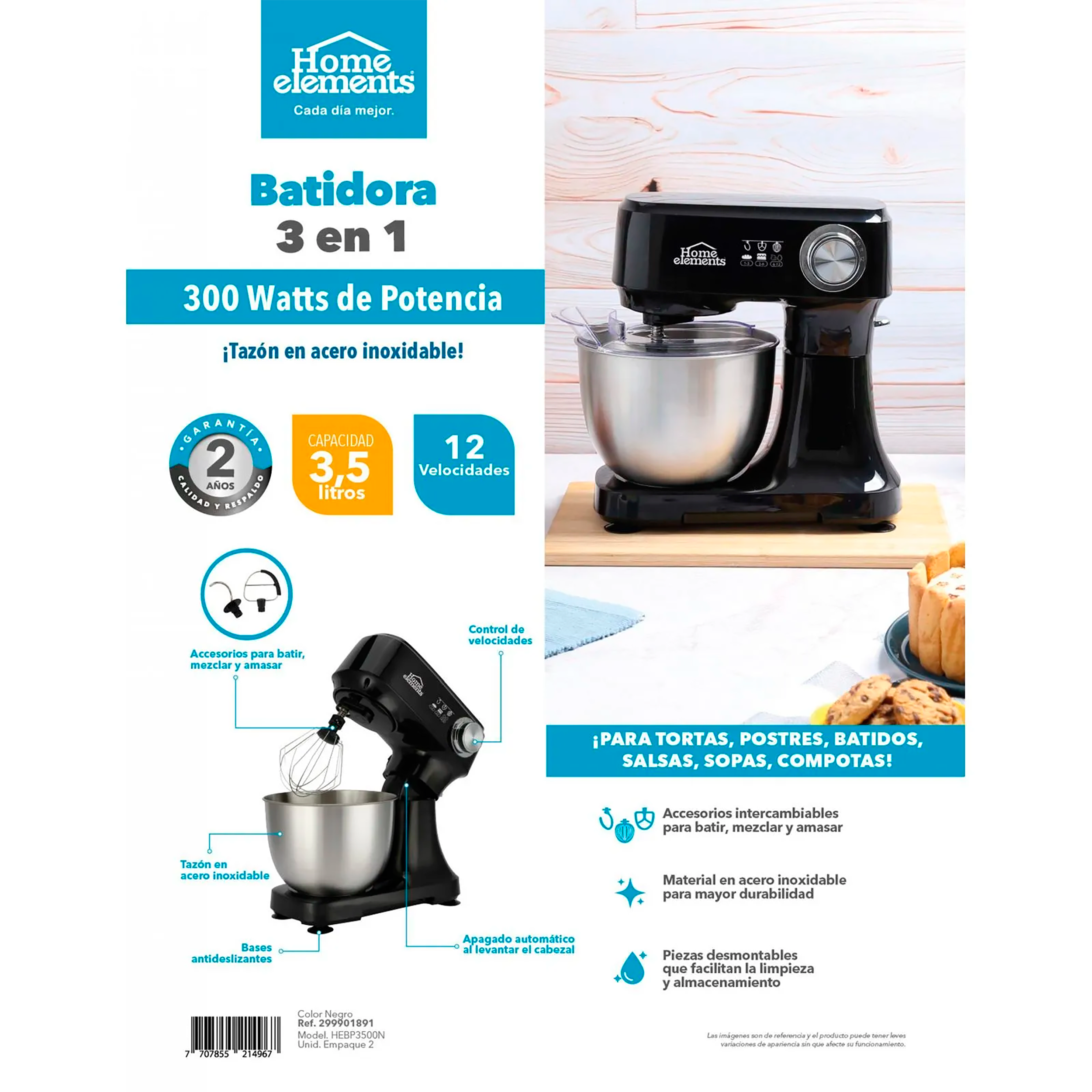 BATIDORA 3 EN 1 300 WATTS ACERO INOX