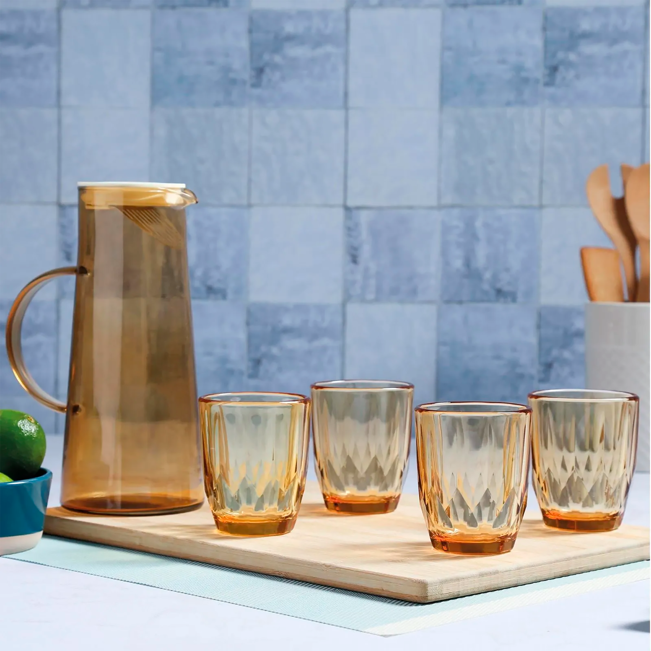 SET JARRA+4 VASOS VIDRIO AMBAR HERO1525
