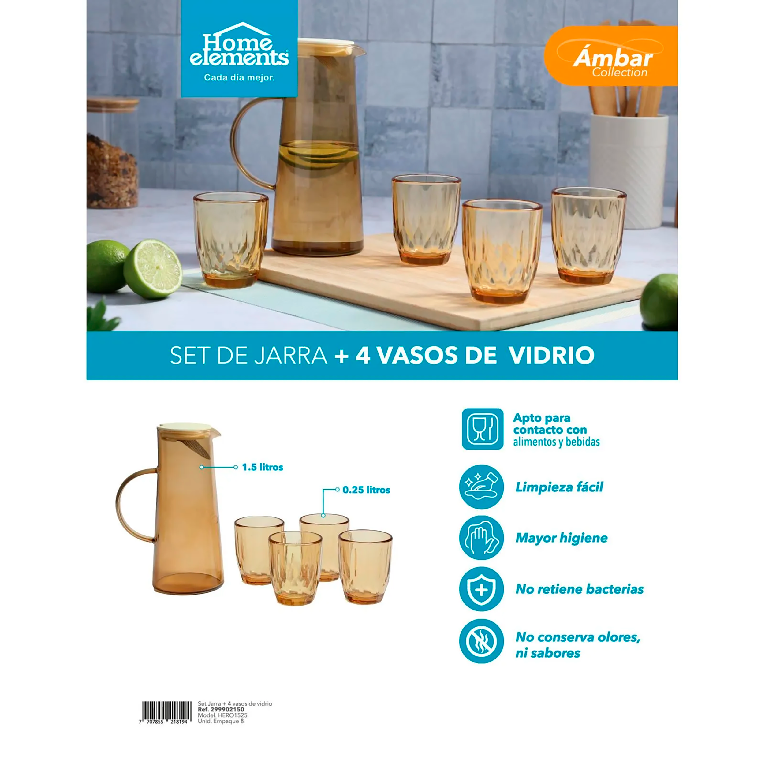 SET JARRA+4 VASOS VIDRIO AMBAR HERO1525