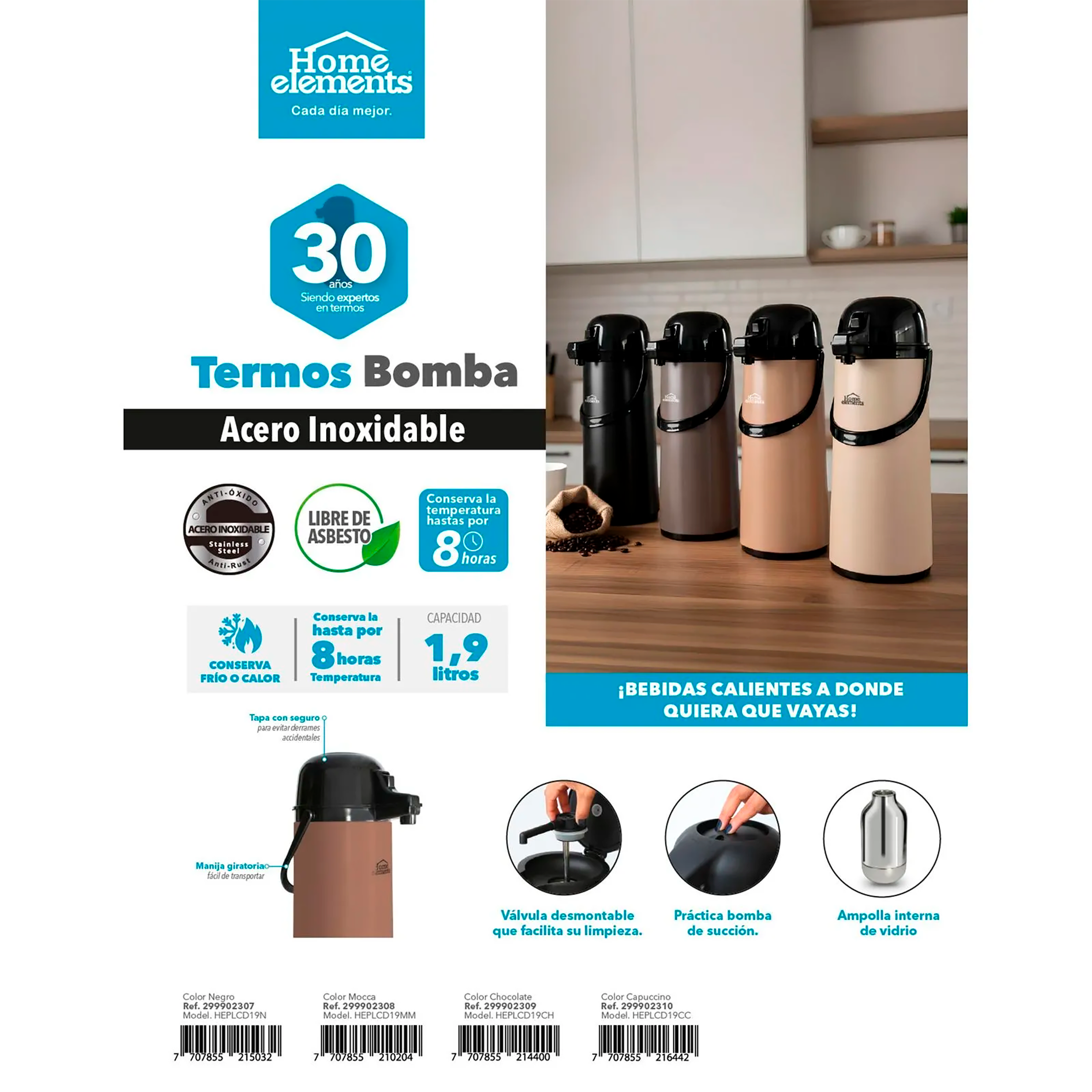TERMO BOMBA ACERO INOX 1,9L COLOR CHOCOL