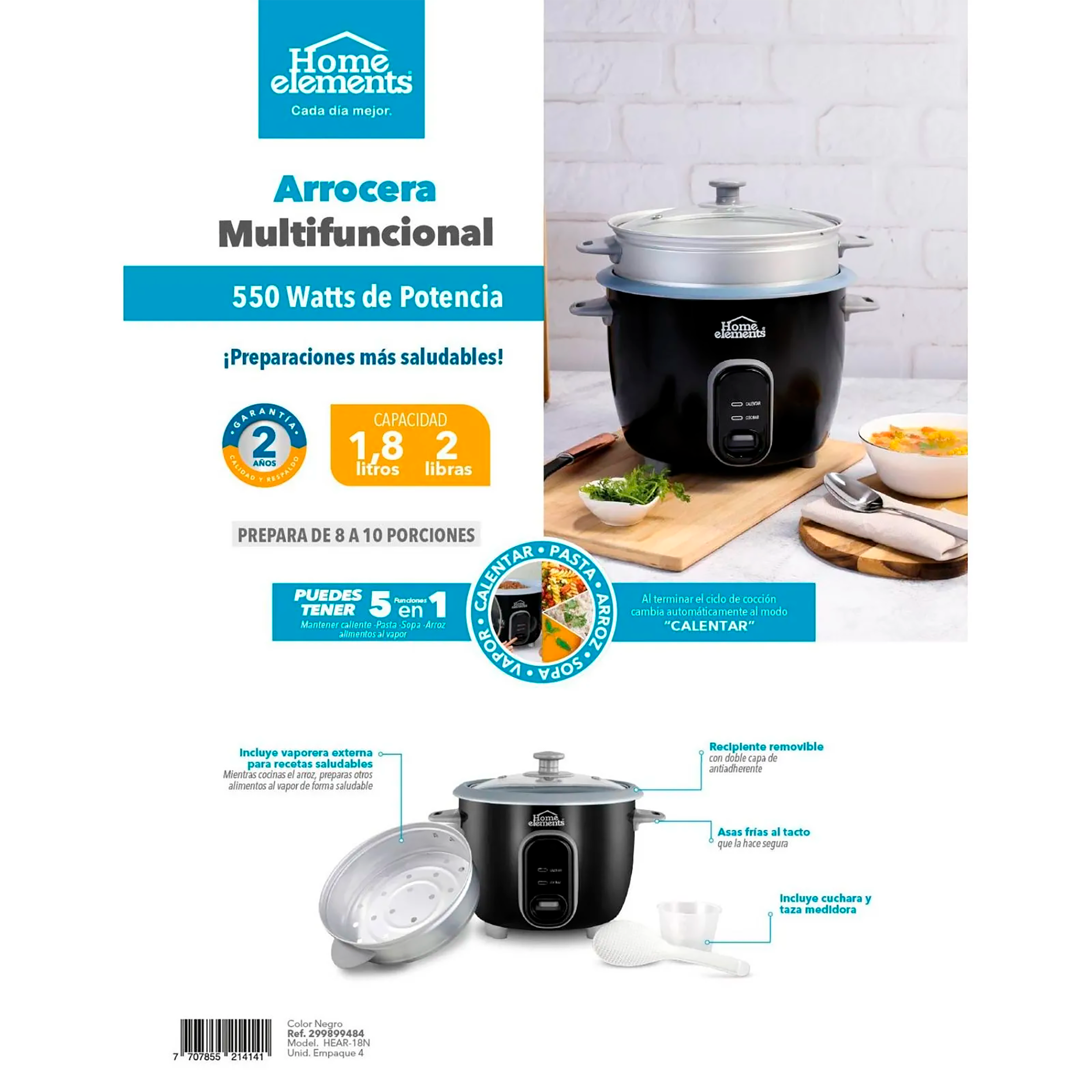 Olla Arrocera 1,8 Litros - Negro con Vaporera 299899484 Home Elements
