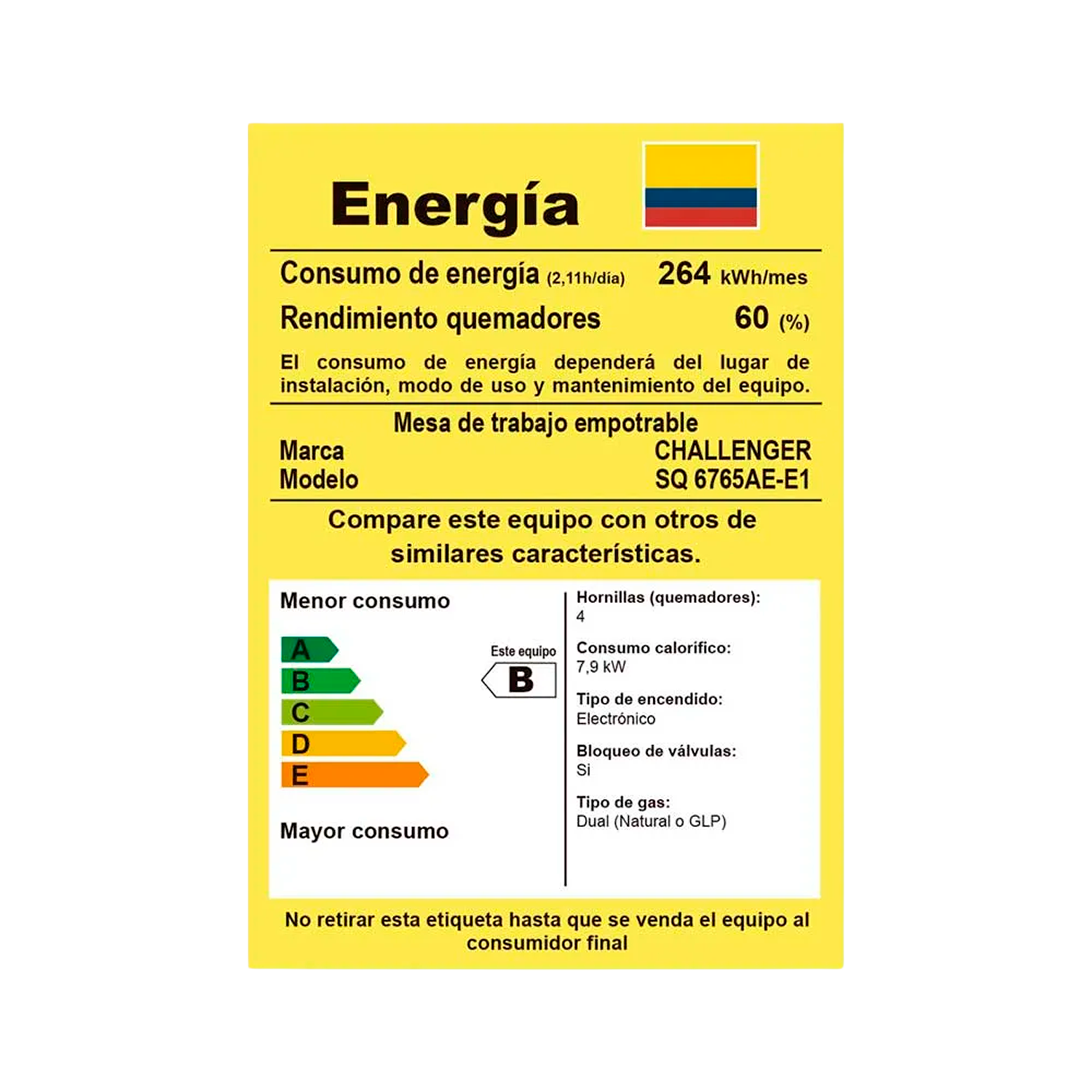 Estufa de Empotrar CHALLENGER 65 cm 4 Puestos Gas Natural - SQ 6765 AE