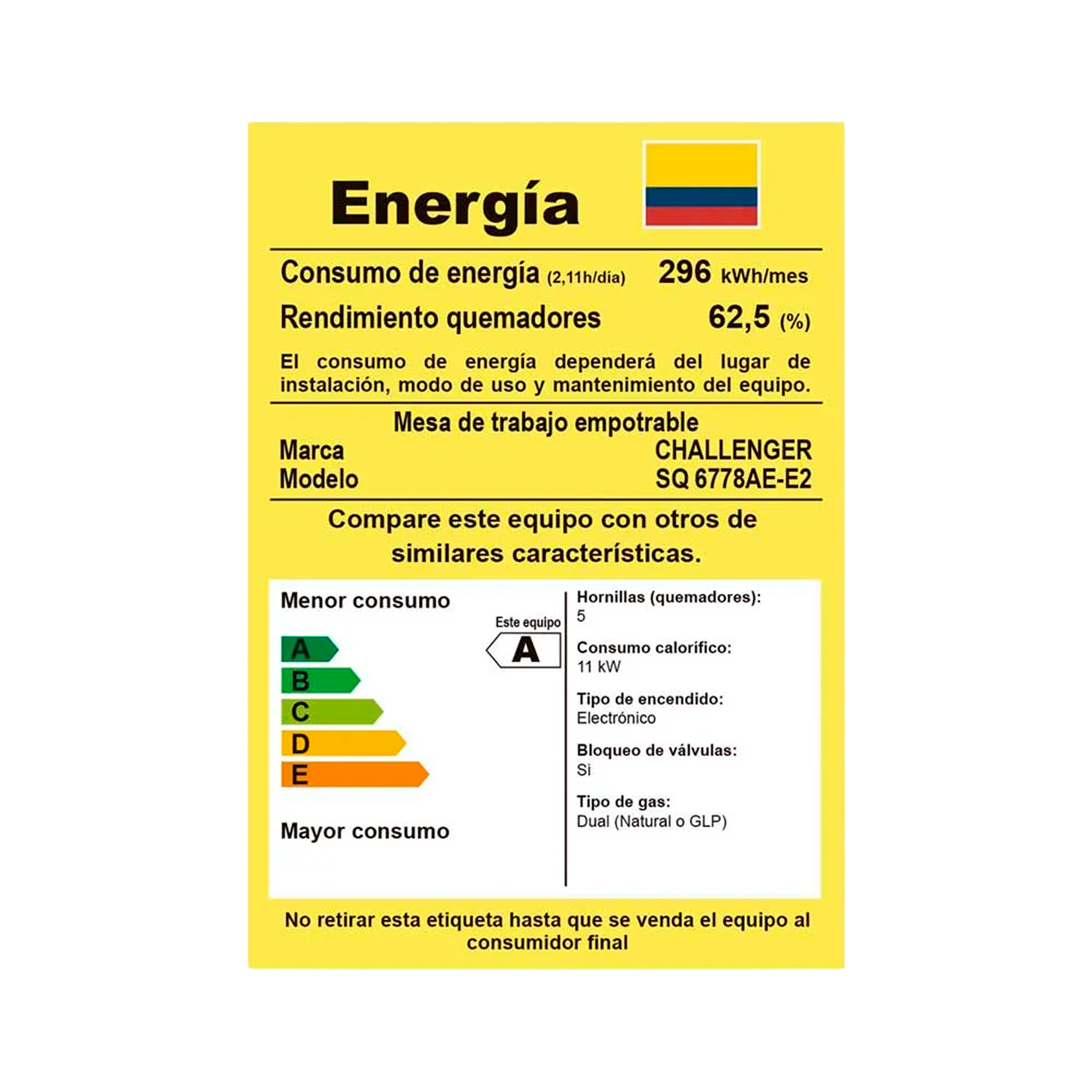 Estufa de Empotrar CHALLENGER 76 cm 5 Pt- Gas Natural - SQ 6778 AE