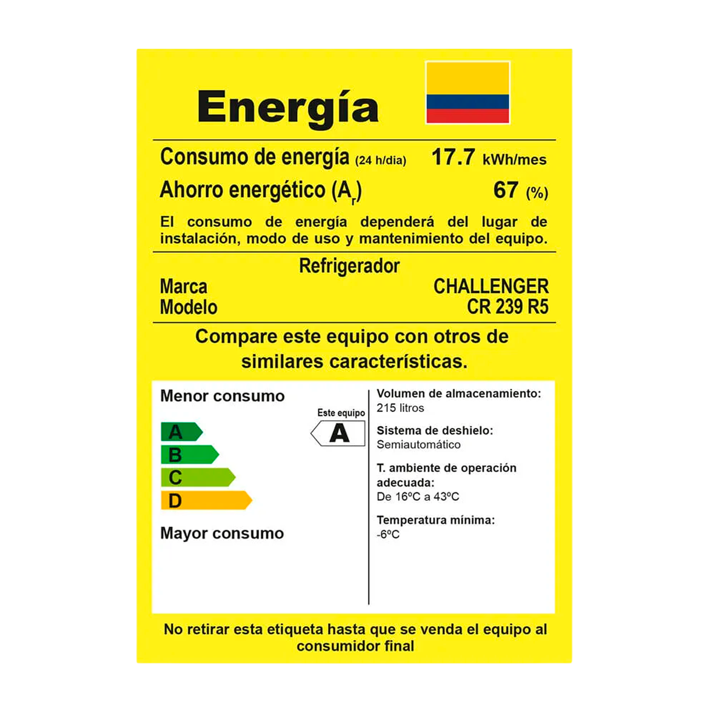 Nevera Frost CHALLENGER Una Puerta 215 Litros CR239 Titanium
