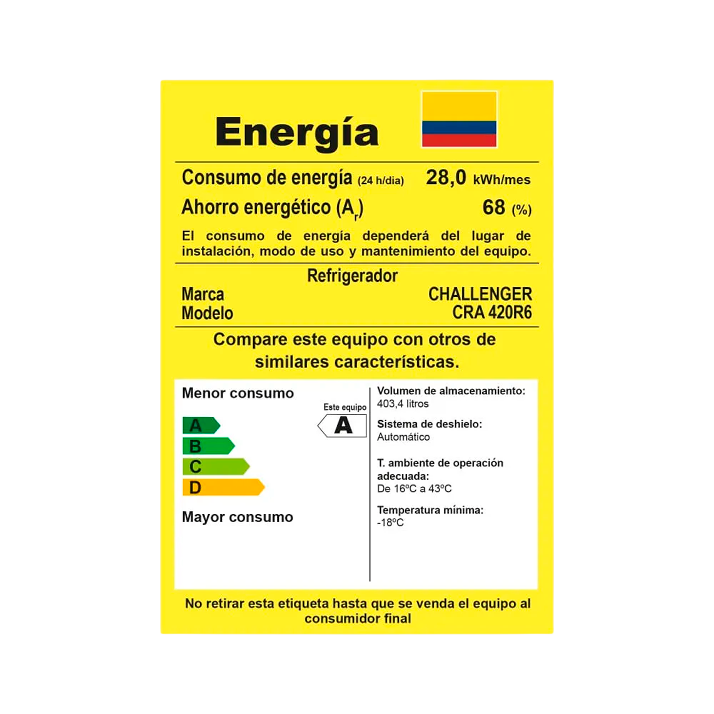 Nevera Challenger No Frost - Serie eCool - 420 Litros Brutos - Display Digital CRA 420