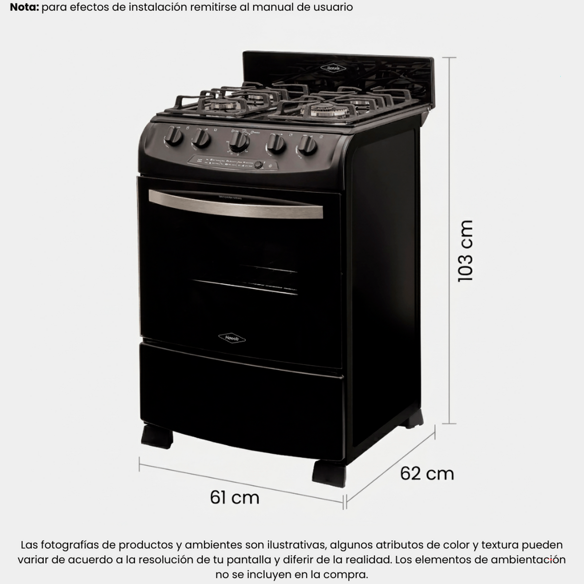 Estufa de piso en cristal haceb de 60 cm gas natural negro