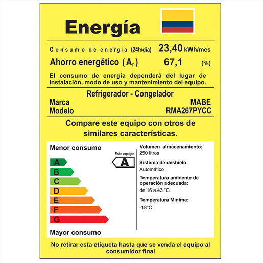 Nevera MABE No Frost Congelador Superior 250 Litros RMA267PYCC Negra