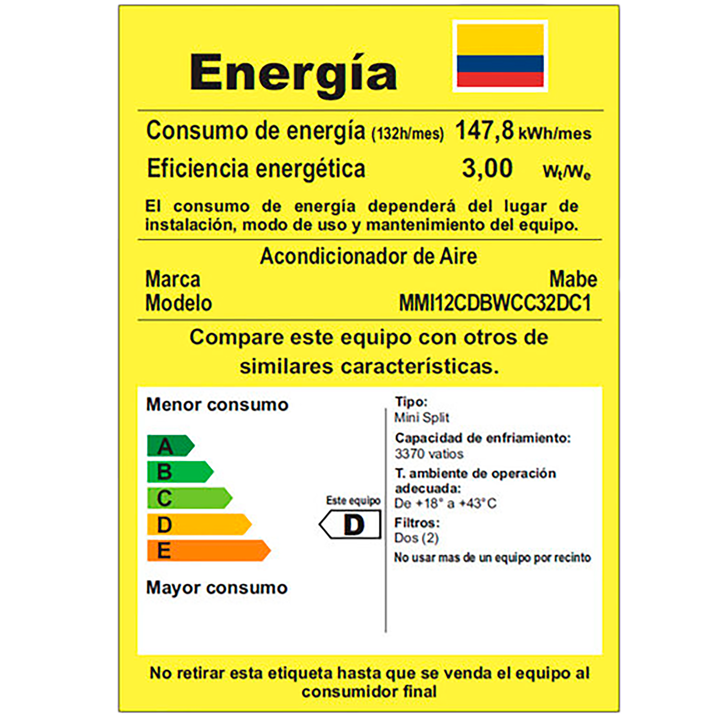 Aire Acondicionado MABE 12.000Btu Tipo Split Inverter 220V Blanco