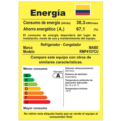 Nevera MABE No Frost Congelador Superior 394 Litros RMP415YCU Inox