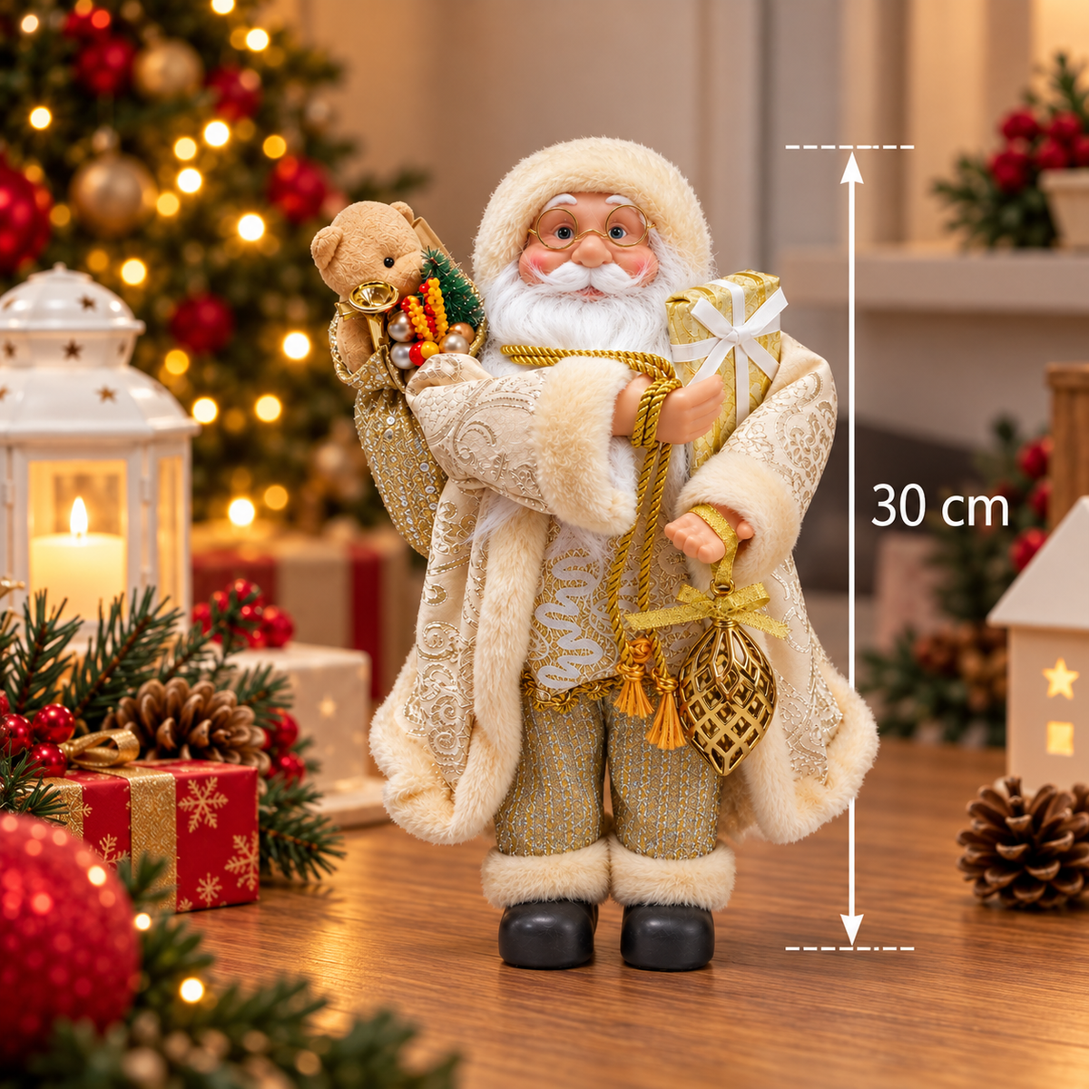 Papá Noel Navideño Elegante Champaña y Dorado HBC 30 cm – Ref. 54715
