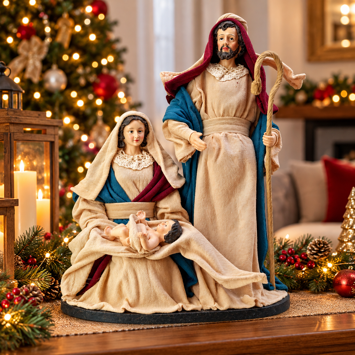 Ornamento Navideño en Tela Jesús y Virgen María Rojo – Ref. 54753