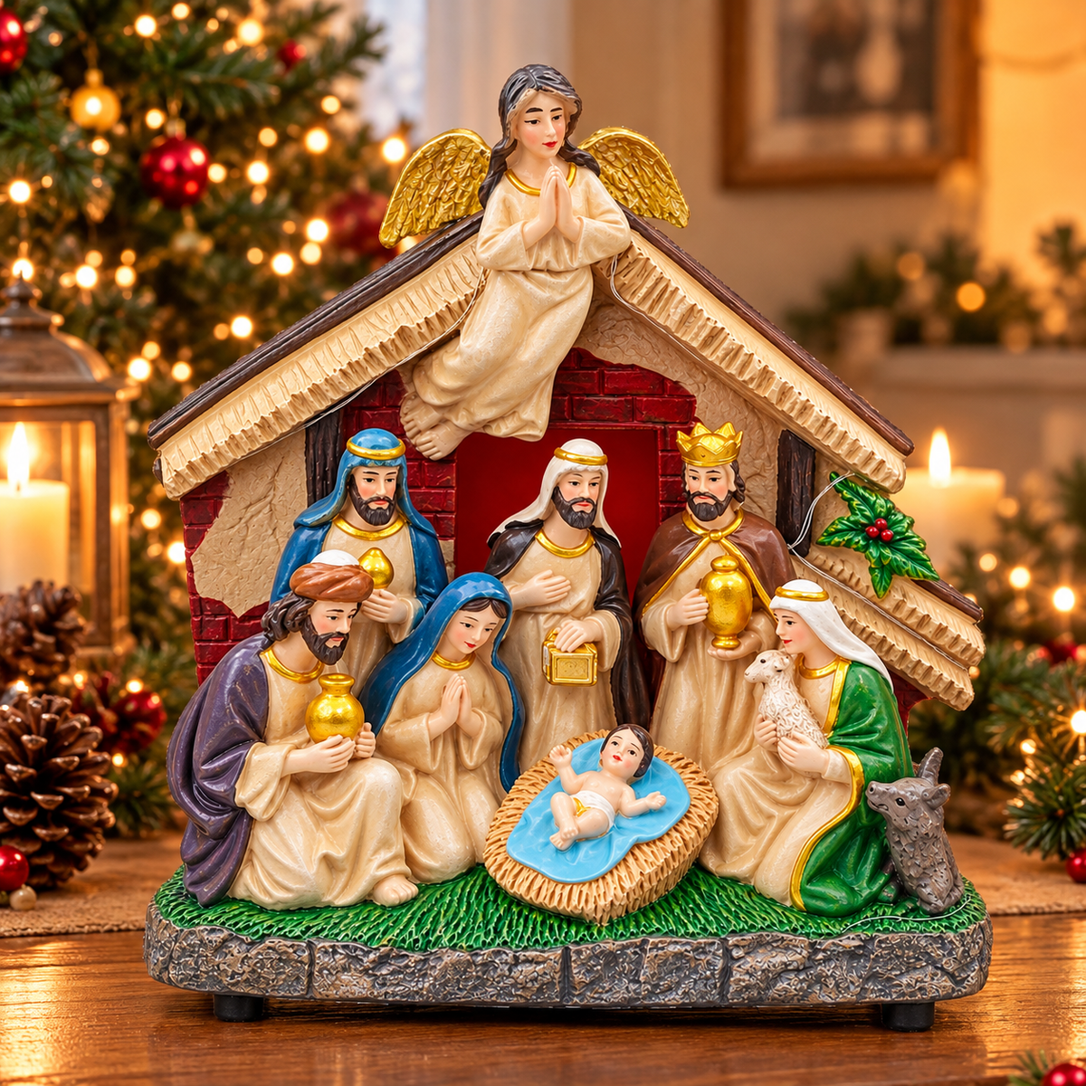 Pesebre Navideño en Resina Verde y Dorado Mix – Ref. 54758