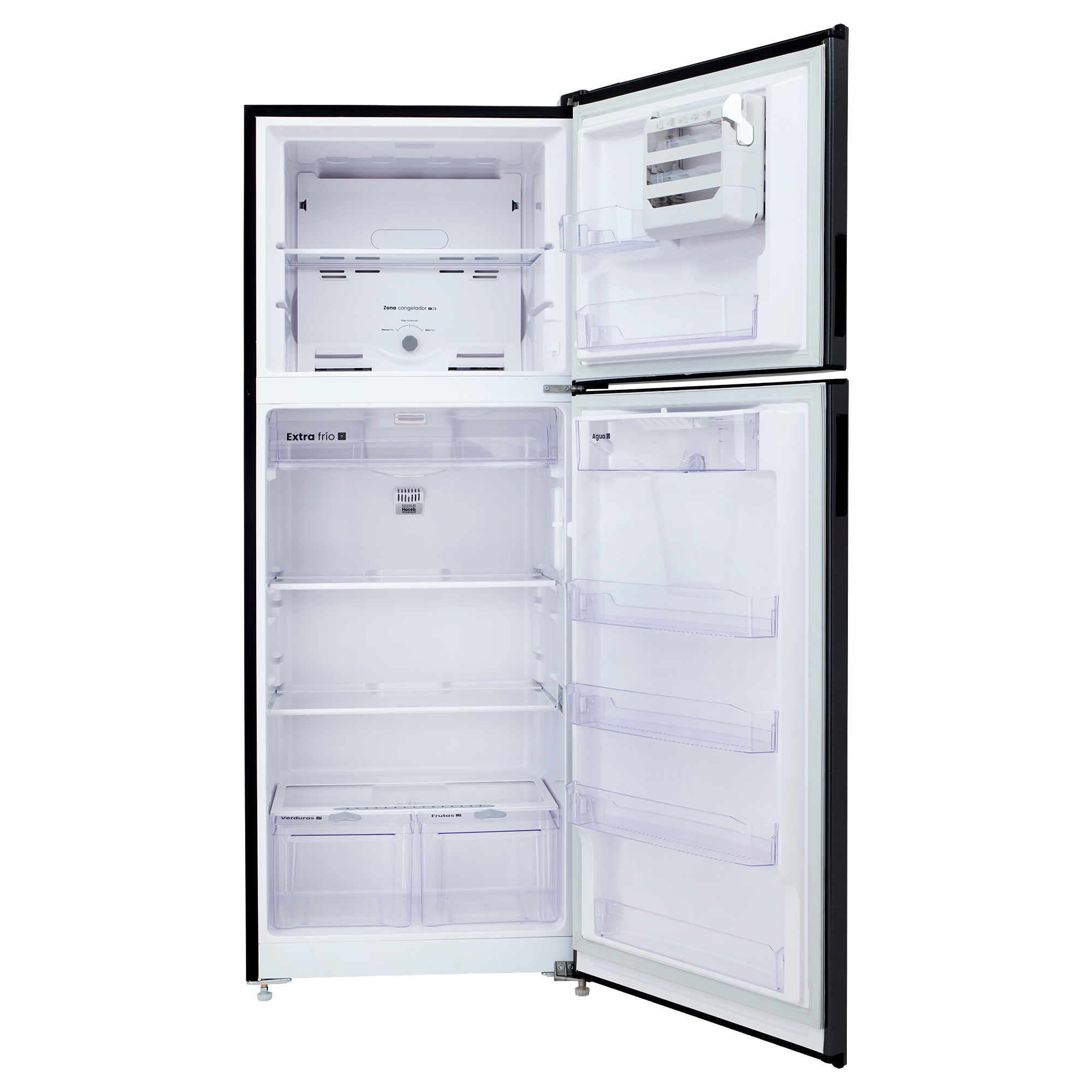 Nevera HACEB No frost Congelador Superior 428 litros N448 Manija Integrada Panel Digital Dispensador de Agua Negro Cósmico
