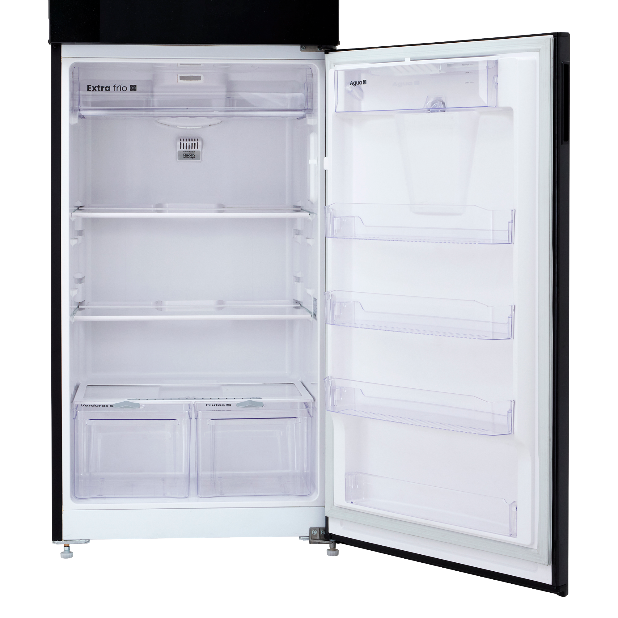 Nevera HACEB No frost Congelador Superior 428 litros N448 Manija Integrada Panel Digital Dispensador de Agua Negro Cósmico