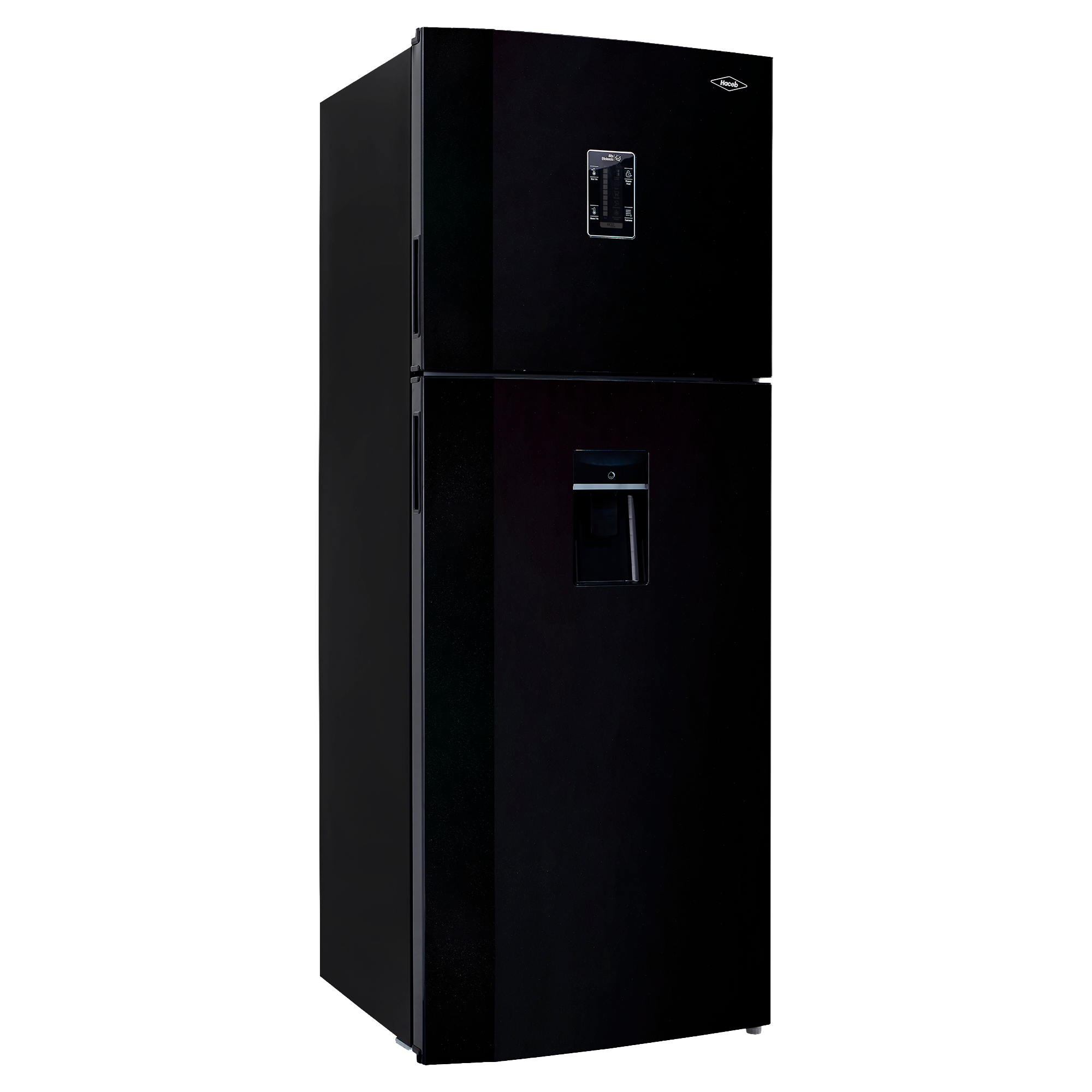 Nevera HACEB No frost Congelador Superior 428 litros N448 Manija Integrada Panel Digital Dispensador de Agua Negro Cósmico