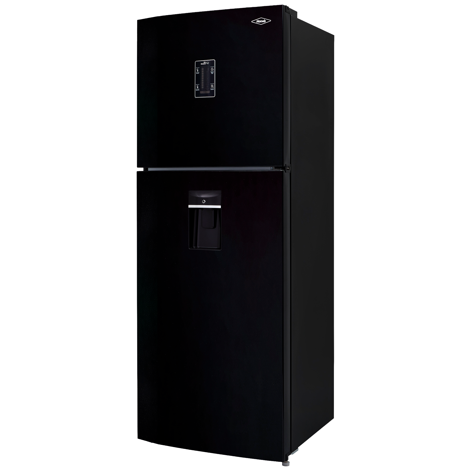 Nevera HACEB No frost Congelador Superior 428 litros N448 Manija Integrada Panel Digital Dispensador de Agua Negro Cósmico