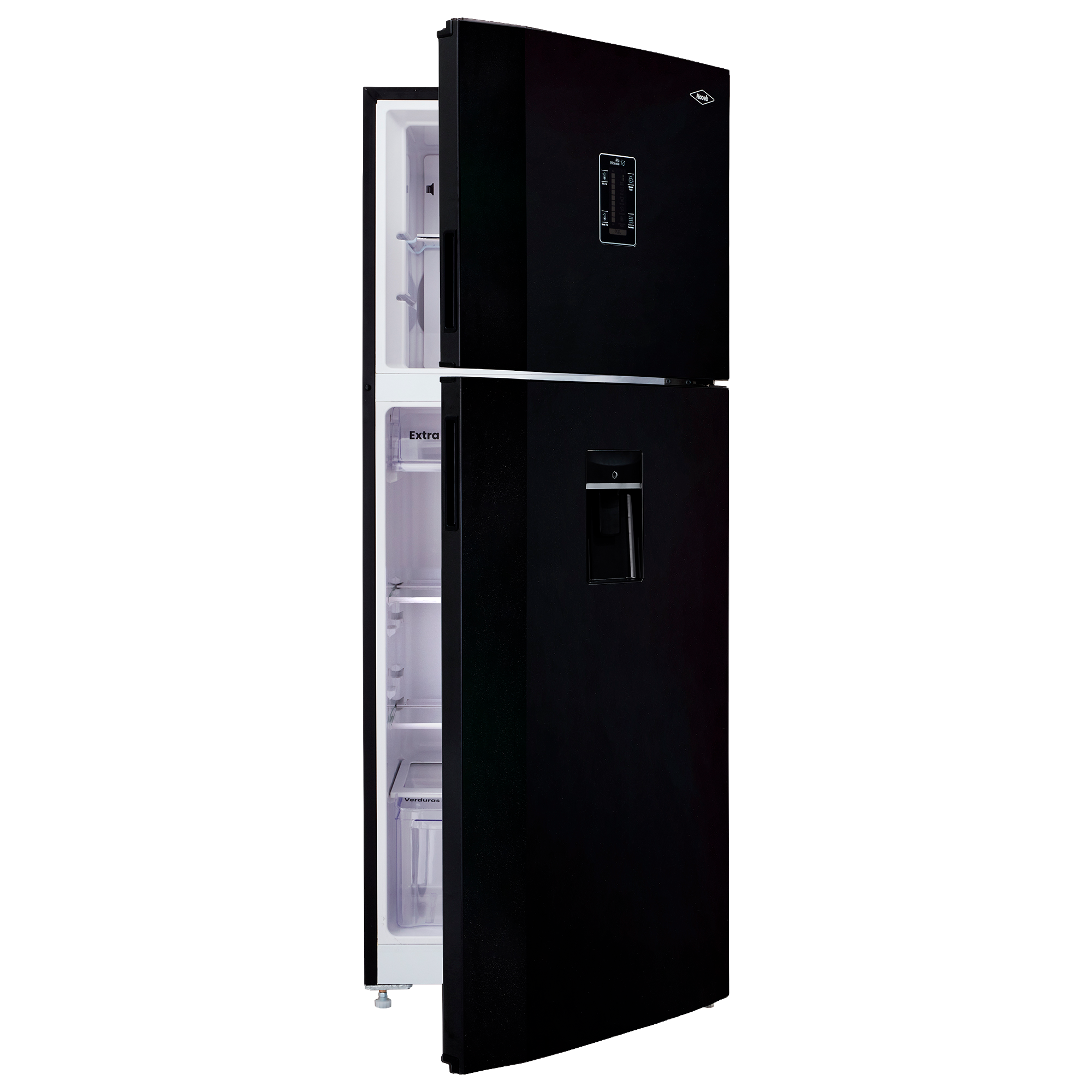 Nevera HACEB No frost Congelador Superior 428 litros N448 Manija Integrada Panel Digital Dispensador de Agua Negro Cósmico