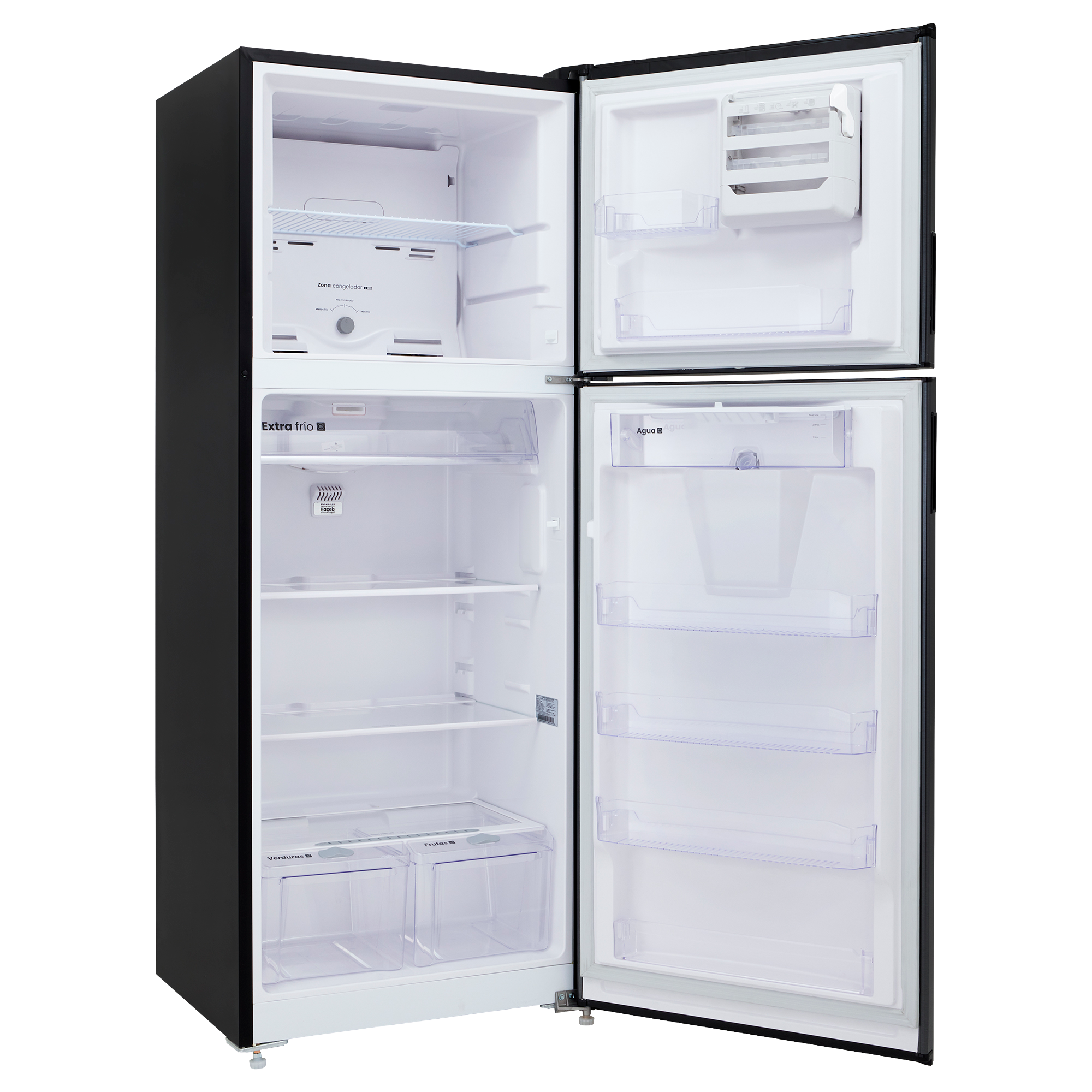 Nevera HACEB No frost Congelador Superior 428 litros N448 Manija Integrada Panel Digital Dispensador de Agua Negro Cósmico