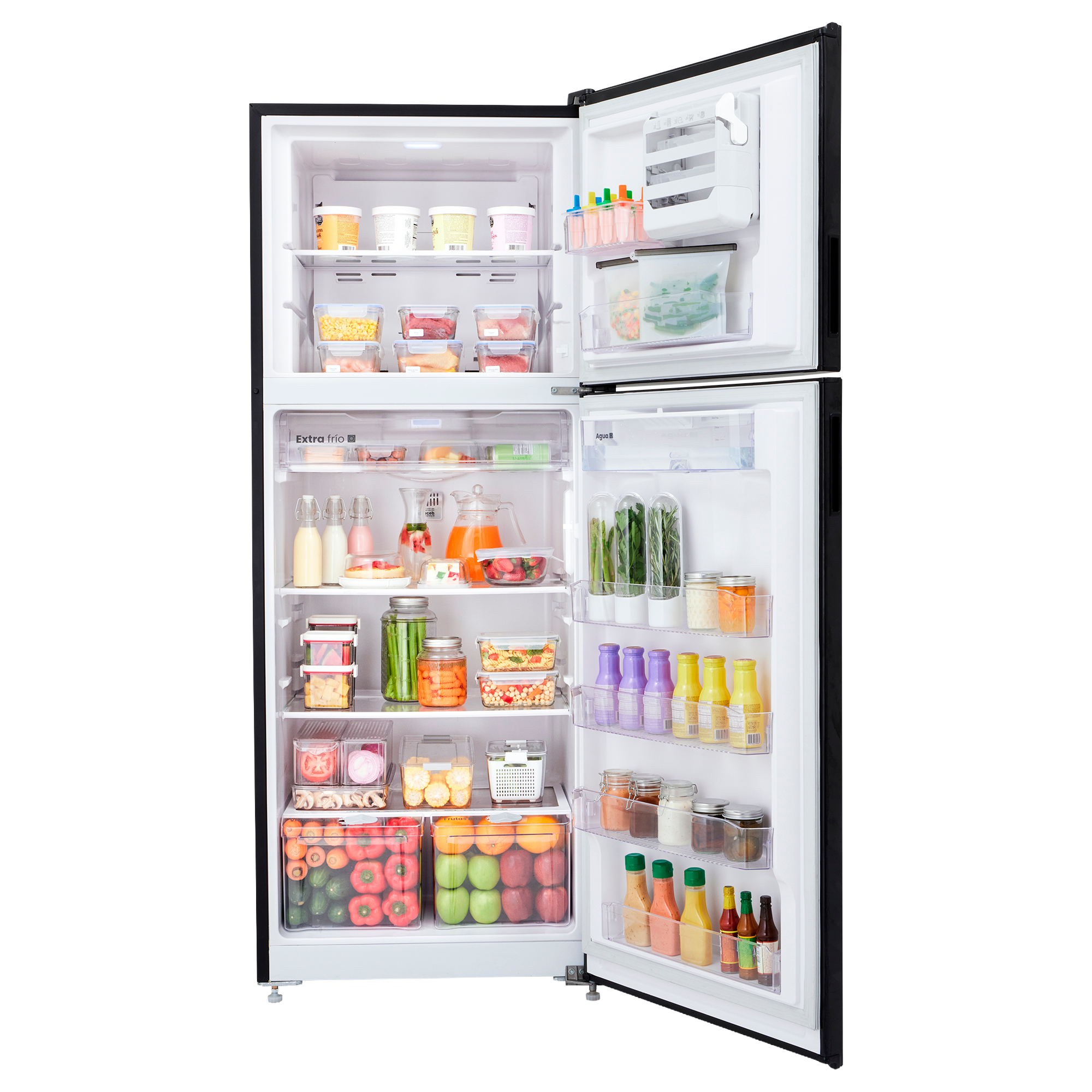 Nevera HACEB No frost Congelador Superior 428 litros N448 Manija Integrada Panel Digital Dispensador de Agua Negro Cósmico