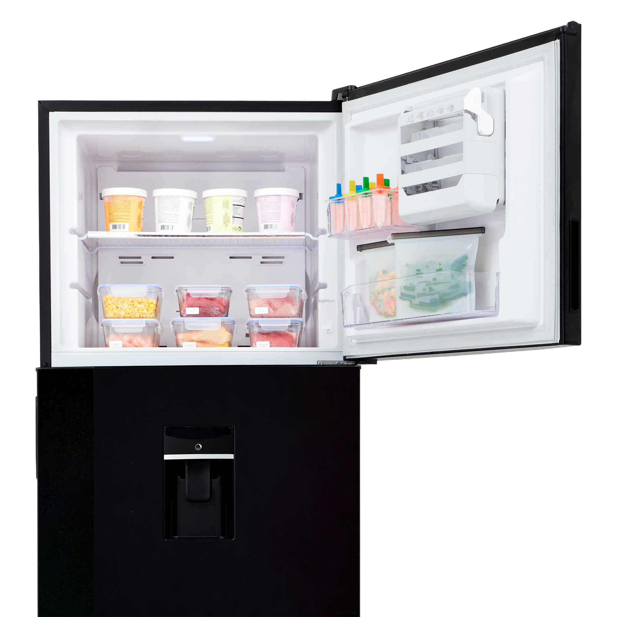 Nevera HACEB No frost Congelador Superior 428 litros N448 Manija Integrada Panel Digital Dispensador de Agua Negro Cósmico