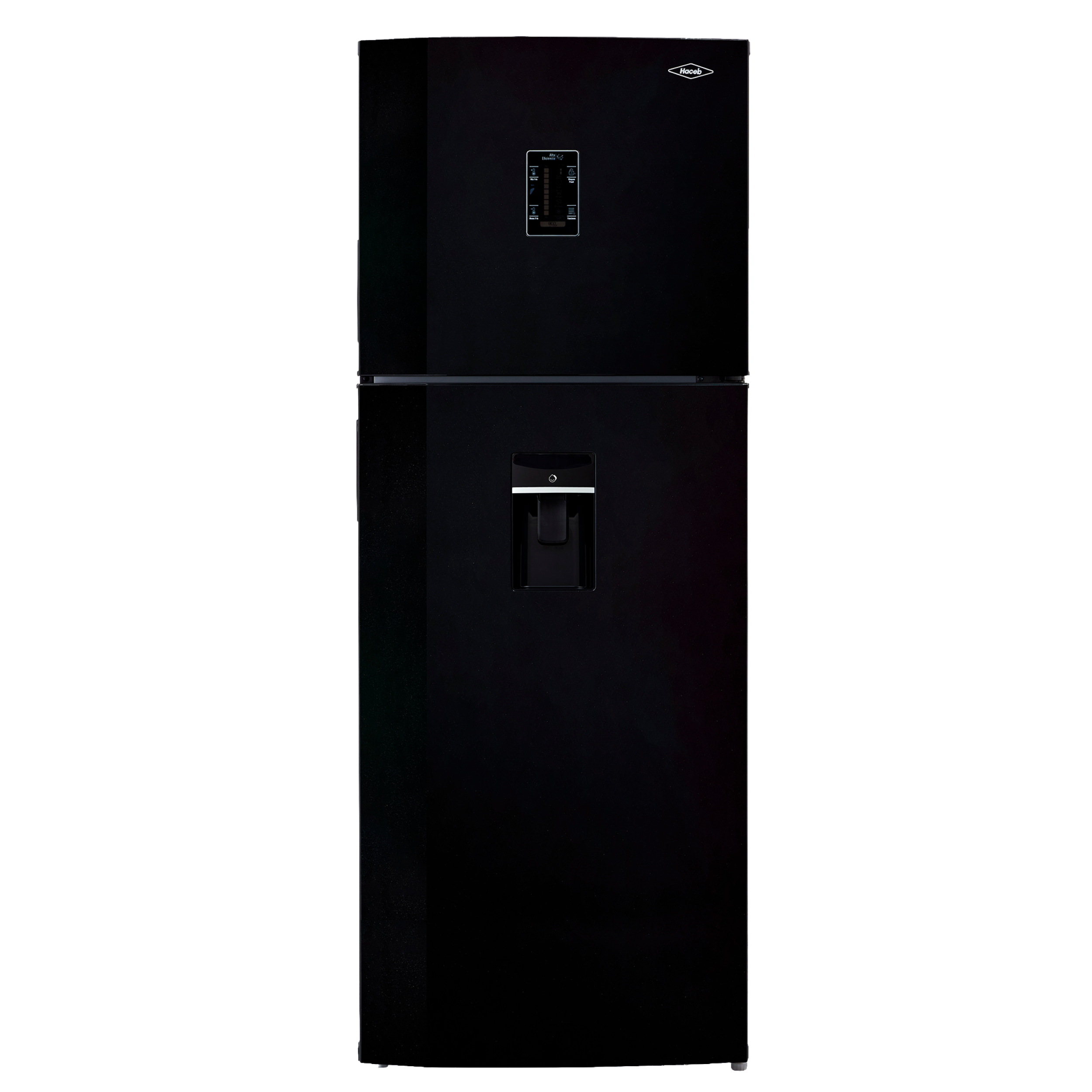 Nevera HACEB No frost Congelador Superior 428 litros N448 Manija Integrada Panel Digital Dispensador de Agua Negro Cósmico