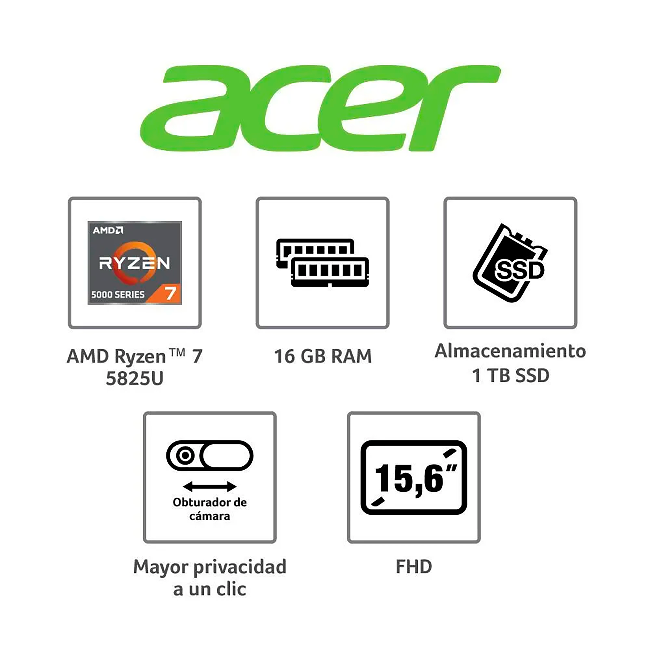 Portátil ACER Aspire L AMD Ryzen 7 5825U RAM 16 GB 1 TB SSD AL1543PR53C