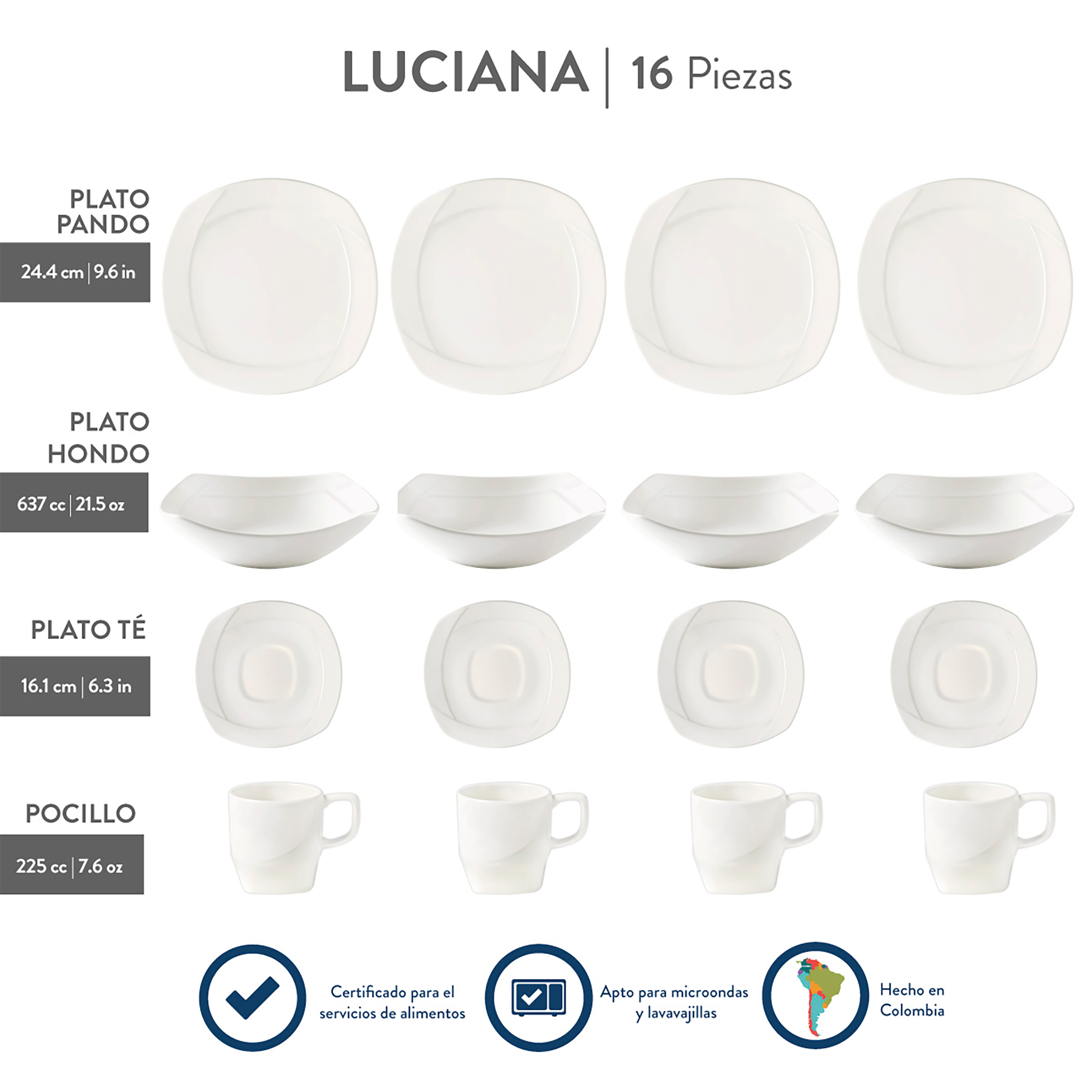 VAJILLA 4-16 CUADRADA LUCIANA BLANCA CORONA