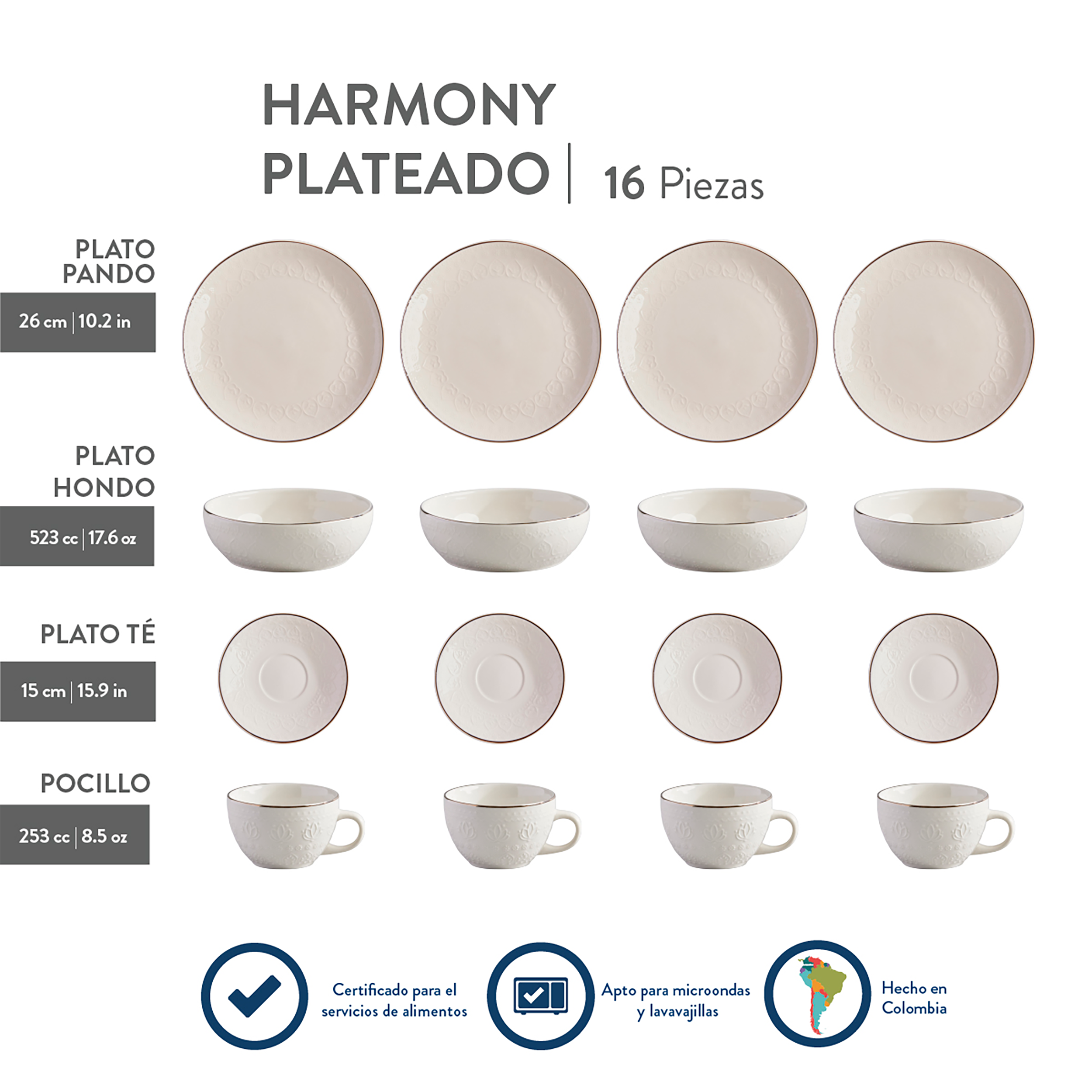 VAJILLA HARMONY PLATEADO CORONA  4 PUESTOS 16 PIEZAS