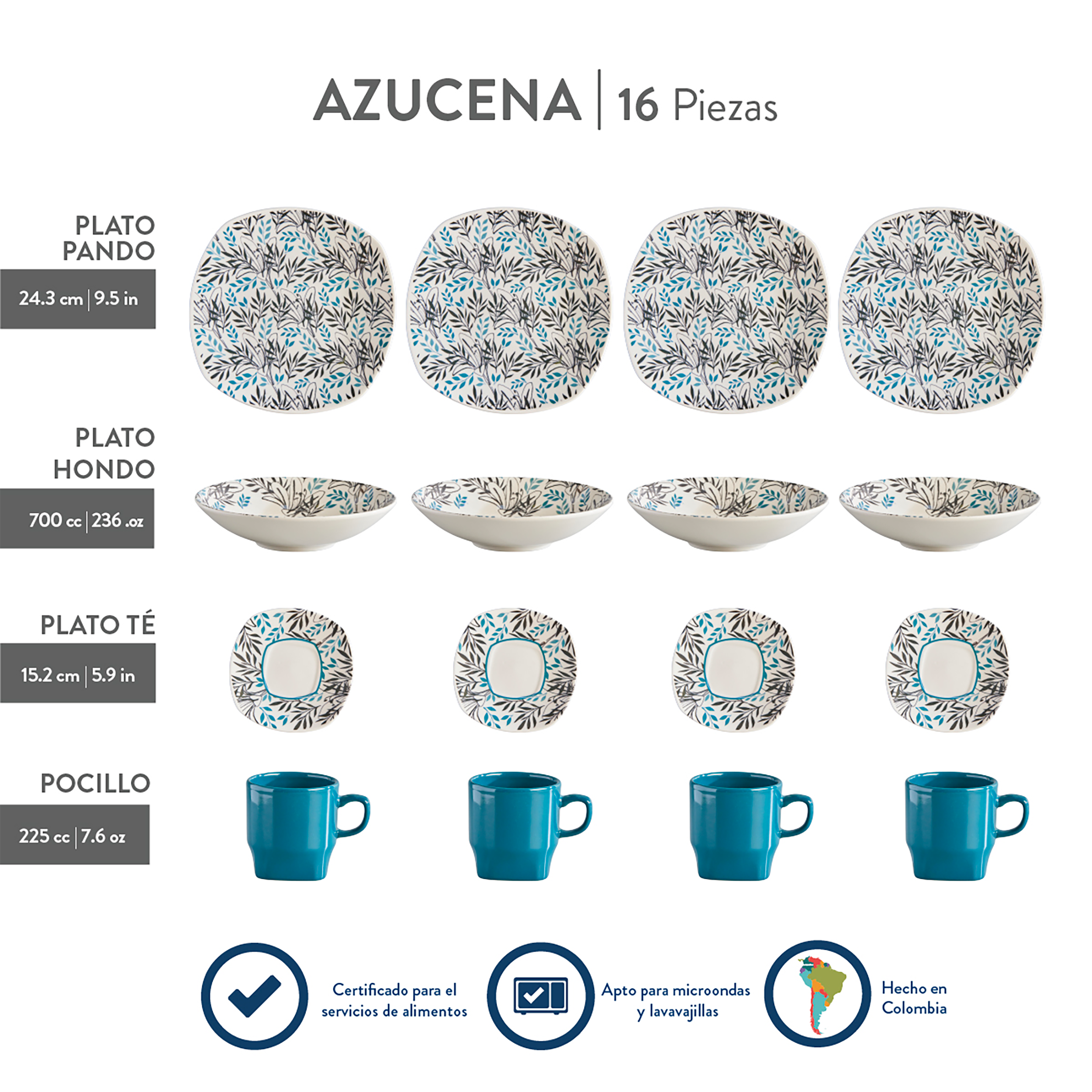 VAJILLA AZUCENA CORONA 4 PUESTOS 16 PIEZAS