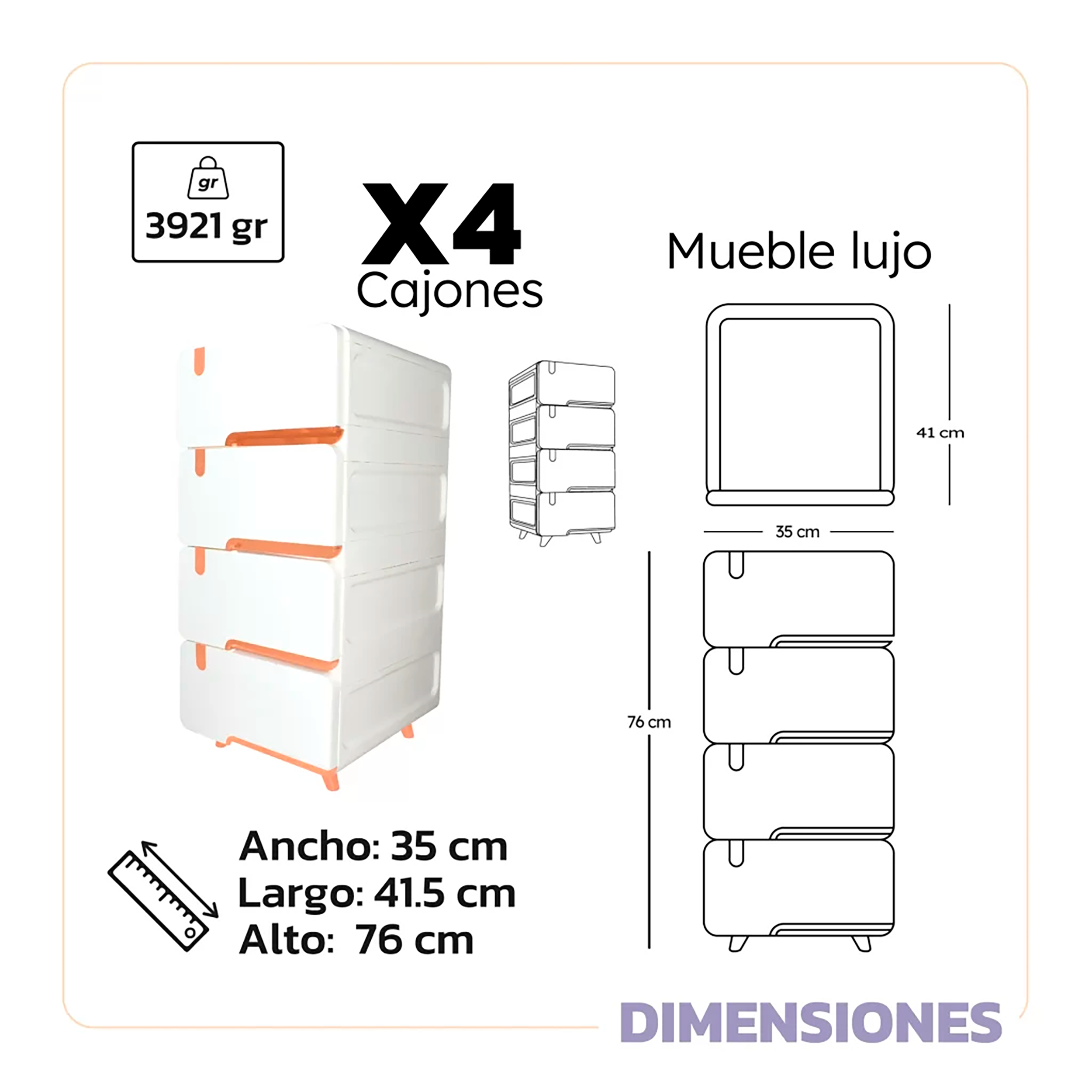 MUEBLE LUJO PEQUEÑO X4 CAJONES COBRE LUXURY