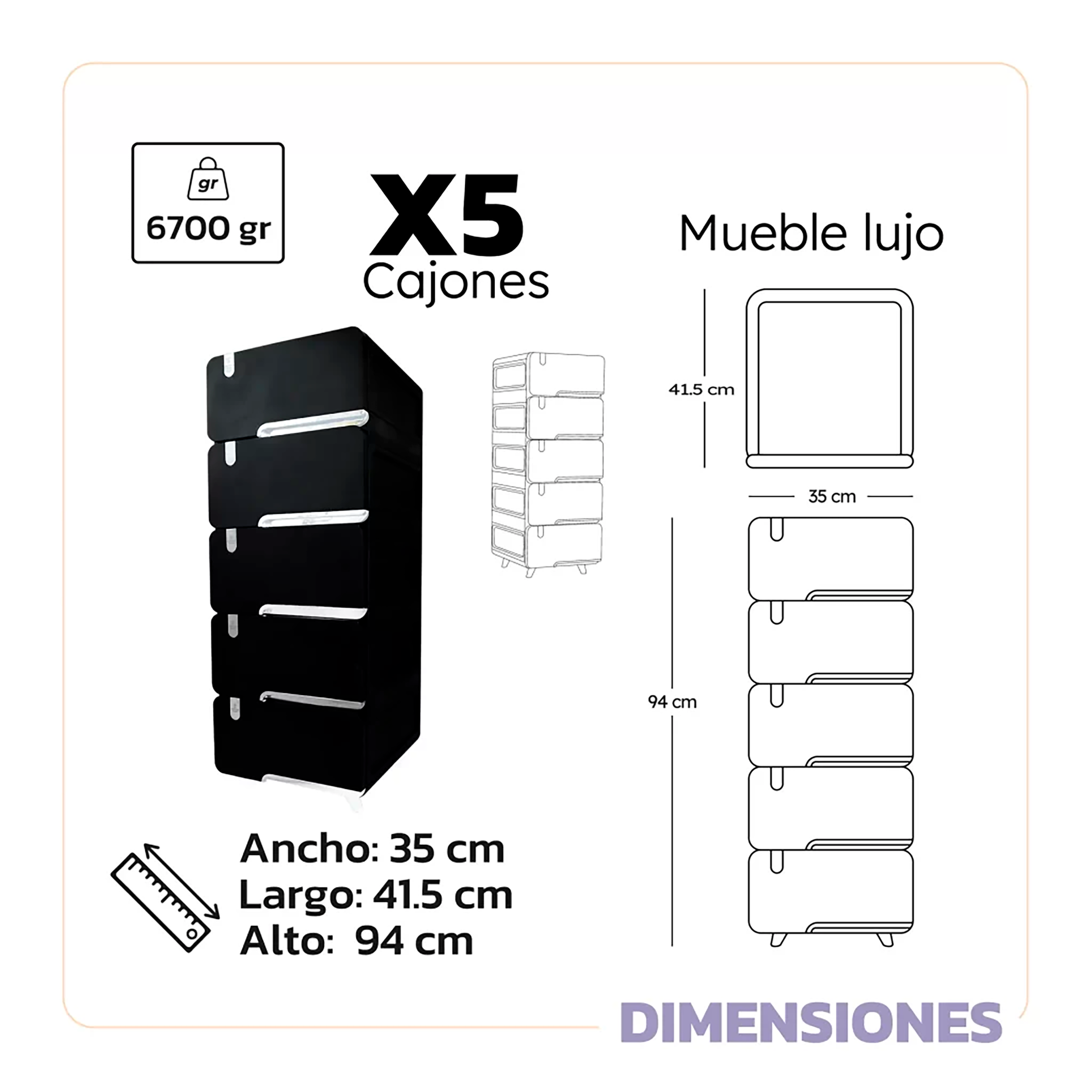 MUEBLE LUJO PEQUEÑO X5 CAJONES PLATA LUXURY